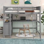 Lit mezzanine pleine taille, bureau, tiroirs et étagères, garde-corps, 14 lattes, contreplaqué et pin, gris / blanc / expresso, pour 1 personne