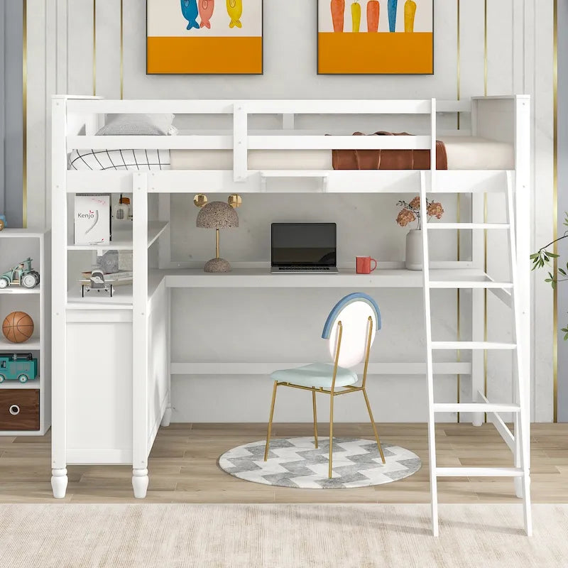 Lit mezzanine pleine taille, bureau, tiroirs et étagères, garde-corps, 14 lattes, contreplaqué et pin, gris / blanc / expresso, pour 1 personne