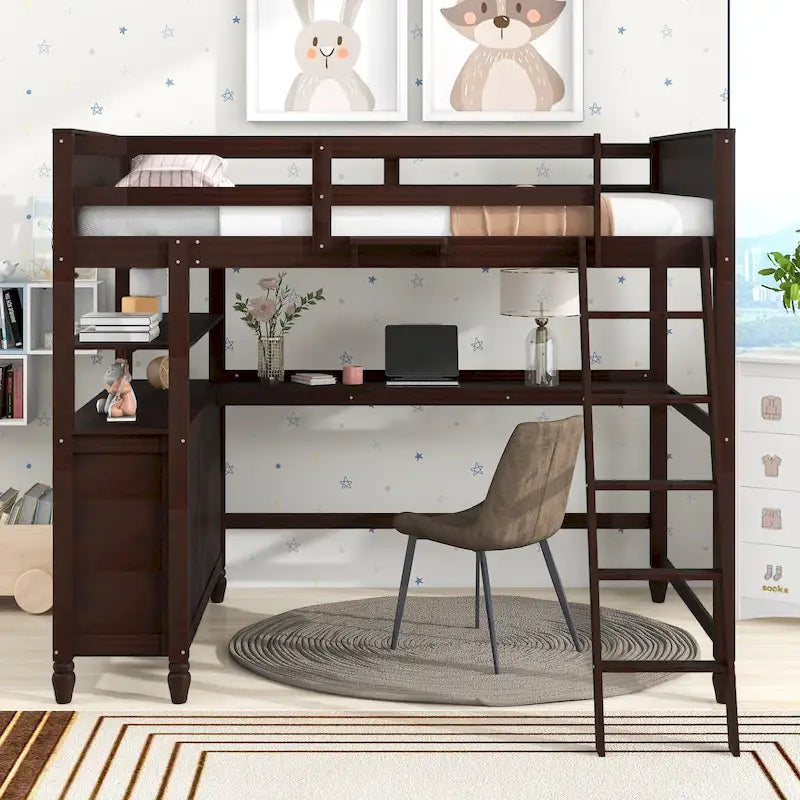 Lit mezzanine pleine taille, bureau, tiroirs et étagères, garde-corps, 14 lattes, contreplaqué et pin, gris / blanc / expresso, pour 1 personne