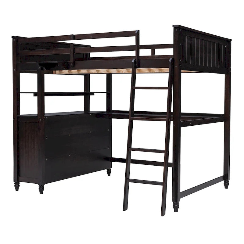 Lit mezzanine pleine taille, bureau, tiroirs et étagères, garde-corps, 14 lattes, contreplaqué et pin, gris / blanc / expresso, pour 1 personne