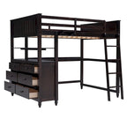 Lit mezzanine pleine taille, bureau, tiroirs et étagères, garde-corps, 14 lattes, contreplaqué et pin, gris / blanc / expresso, pour 1 personne