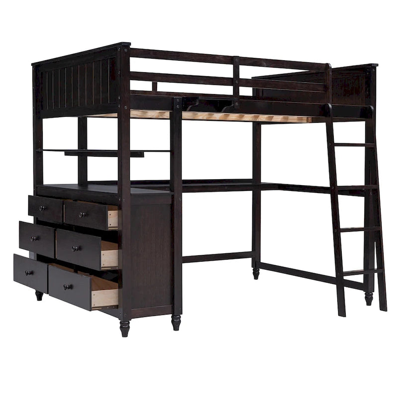 Lit mezzanine pleine taille, bureau, tiroirs et étagères, garde-corps, 14 lattes, contreplaqué et pin, gris / blanc / expresso, pour 1 personne