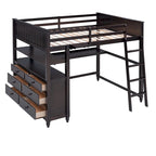 Lit mezzanine pleine taille, bureau, tiroirs et étagères, garde-corps, 14 lattes, contreplaqué et pin, gris / blanc / expresso, pour 1 personne