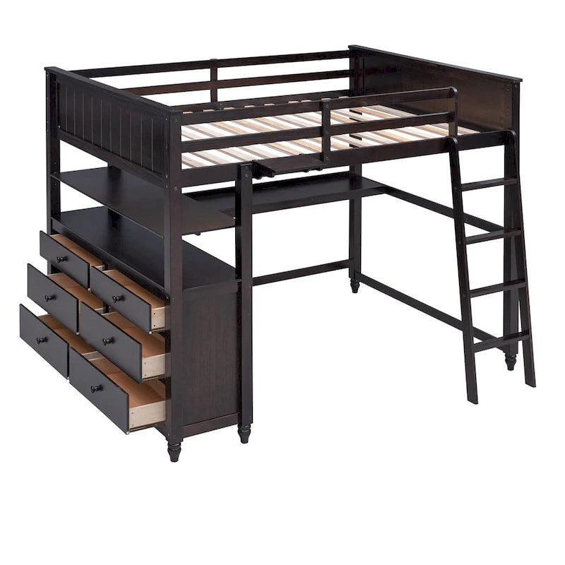 Lit mezzanine pleine taille, bureau, tiroirs et étagères, garde-corps, 14 lattes, contreplaqué et pin, gris / blanc / expresso, pour 1 personne