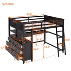 Lit mezzanine pleine taille, bureau, tiroirs et étagères, garde-corps, 14 lattes, contreplaqué et pin, gris / blanc / expresso, pour 1 personne