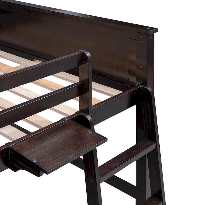 Lit mezzanine pleine taille, bureau, tiroirs et étagères, garde-corps, 14 lattes, contreplaqué et pin, gris / blanc / expresso, pour 1 personne