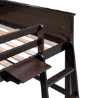Lit mezzanine pleine taille, bureau, tiroirs et étagères, garde-corps, 14 lattes, contreplaqué et pin, gris / blanc / expresso, pour 1 personne