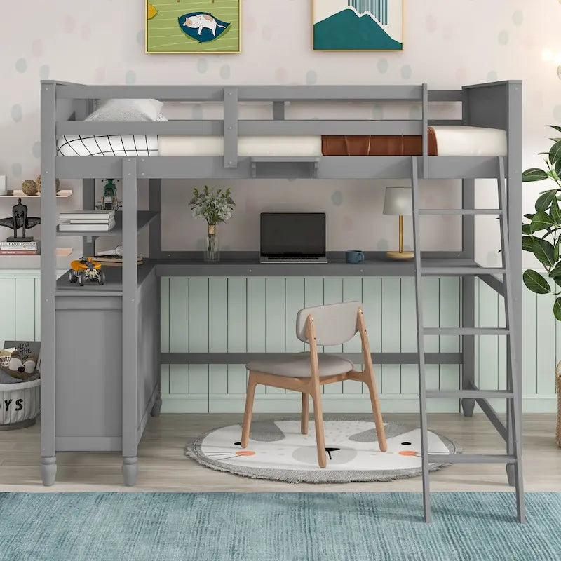 Lit mezzanine pleine taille, bureau, tiroirs et étagères, garde-corps, 14 lattes, contreplaqué et pin, gris / blanc / expresso, pour 1 personne