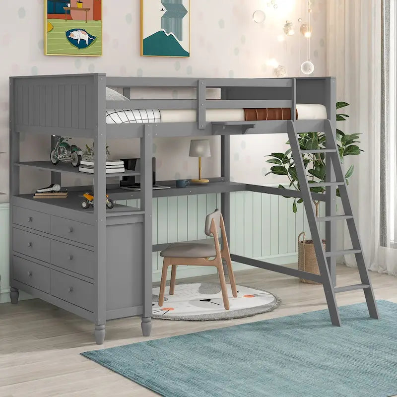 Lit mezzanine pleine taille, bureau, tiroirs et étagères, garde-corps, 14 lattes, contreplaqué et pin, gris / blanc / expresso, pour 1 personne