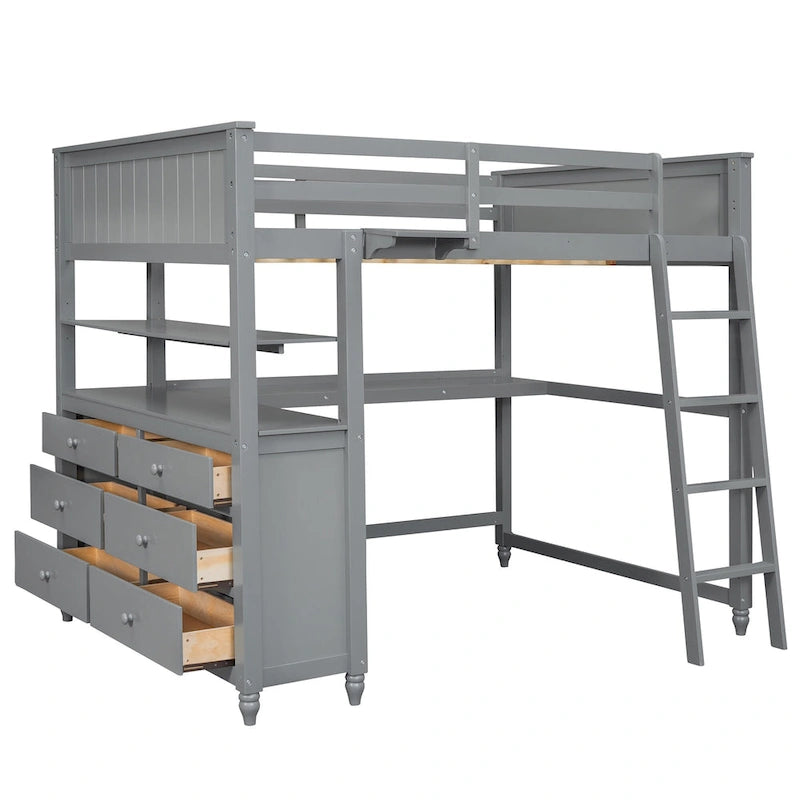 Lit mezzanine pleine taille, bureau, tiroirs et étagères, garde-corps, 14 lattes, contreplaqué et pin, gris / blanc / expresso, pour 1 personne