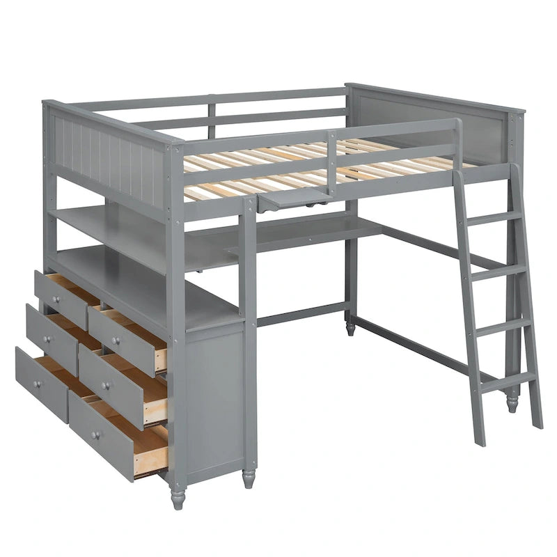 Lit mezzanine pleine taille, bureau, tiroirs et étagères, garde-corps, 14 lattes, contreplaqué et pin, gris / blanc / expresso, pour 1 personne