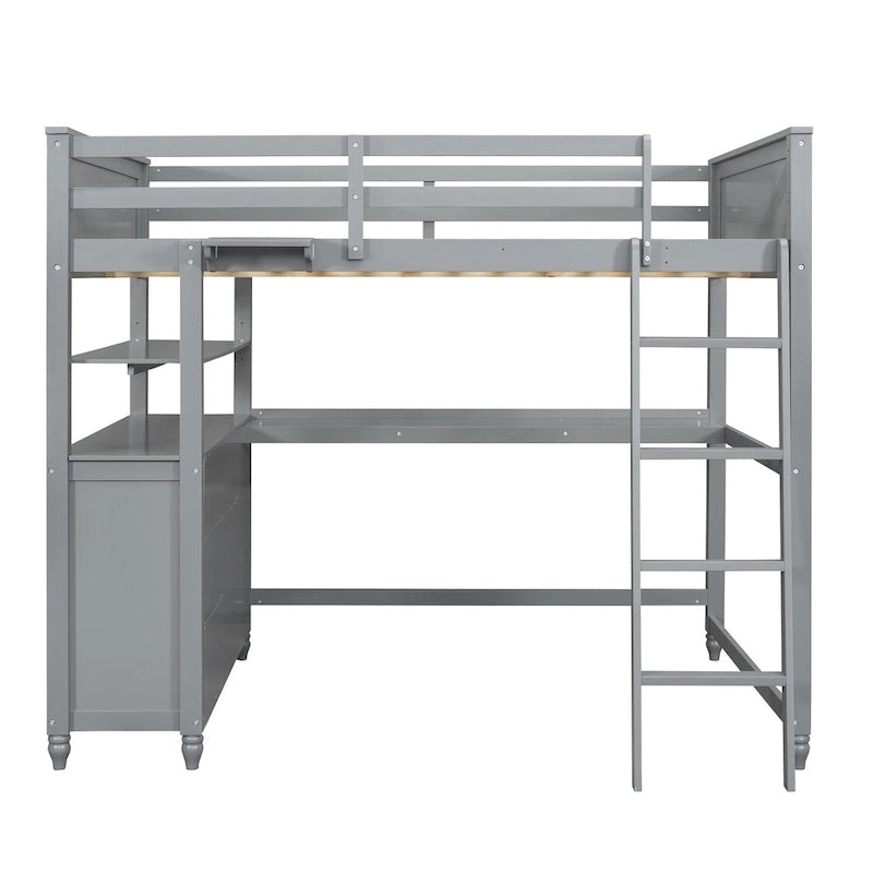 Lit mezzanine pleine taille, bureau, tiroirs et étagères, garde-corps, 14 lattes, contreplaqué et pin, gris / blanc / expresso, pour 1 personne