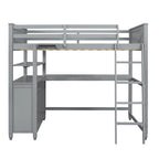 Lit mezzanine pleine taille, bureau, tiroirs et étagères, garde-corps, 14 lattes, contreplaqué et pin, gris / blanc / expresso, pour 1 personne