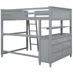 Lit mezzanine pleine taille, bureau, tiroirs et étagères, garde-corps, 14 lattes, contreplaqué et pin, gris / blanc / expresso, pour 1 personne