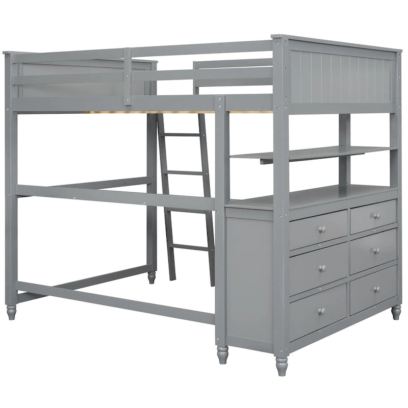 Lit mezzanine pleine taille, bureau, tiroirs et étagères, garde-corps, 14 lattes, contreplaqué et pin, gris / blanc / expresso, pour 1 personne