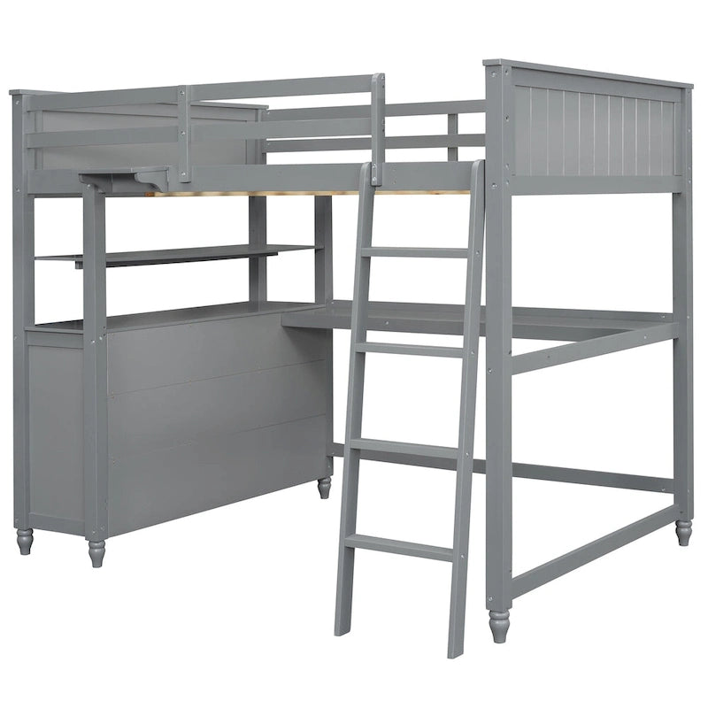 Lit mezzanine pleine taille, bureau, tiroirs et étagères, garde-corps, 14 lattes, contreplaqué et pin, gris / blanc / expresso, pour 1 personne