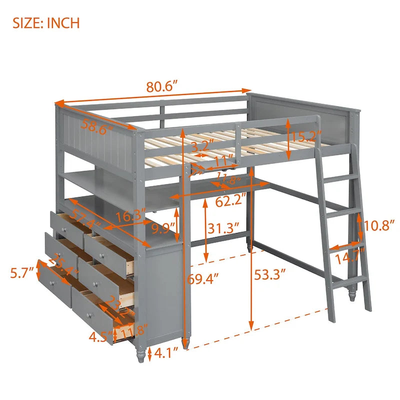 Lit mezzanine pleine taille, bureau, tiroirs et étagères, garde-corps, 14 lattes, contreplaqué et pin, gris / blanc / expresso, pour 1 personne