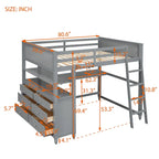 Lit mezzanine pleine taille, bureau, tiroirs et étagères, garde-corps, 14 lattes, contreplaqué et pin, gris / blanc / expresso, pour 1 personne