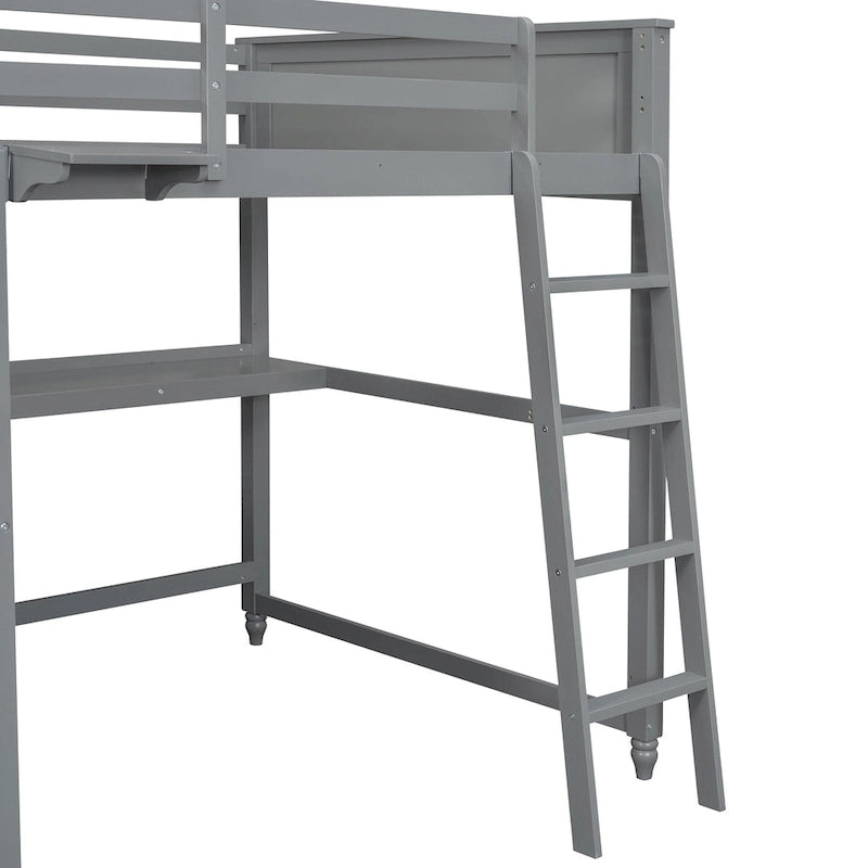 Lit mezzanine pleine taille, bureau, tiroirs et étagères, garde-corps, 14 lattes, contreplaqué et pin, gris / blanc / expresso, pour 1 personne
