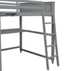 Lit mezzanine pleine taille, bureau, tiroirs et étagères, garde-corps, 14 lattes, contreplaqué et pin, gris / blanc / expresso, pour 1 personne