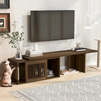Meuble TV extensible, Convient aux téléviseurs jusqu'à 85 pouces, Porte à persiennes coulissante, Coussin pour chat et griffoir en sisal, MDF, Armoires de rangement avec étagères, Marron, Utilisation par 1 personne
