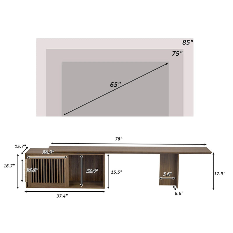 Meuble TV extensible, Convient aux téléviseurs jusqu'à 85 pouces, Porte à persiennes coulissante, Coussin pour chat et griffoir en sisal, MDF, Armoires de rangement avec étagères, Marron, Utilisation par 1 personne