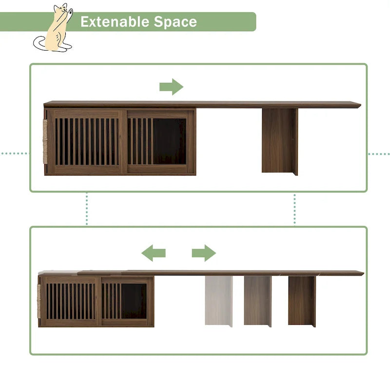 Meuble TV extensible, Convient aux téléviseurs jusqu'à 85 pouces, Porte à persiennes coulissante, Coussin pour chat et griffoir en sisal, MDF, Armoires de rangement avec étagères, Marron, Utilisation par 1 personne