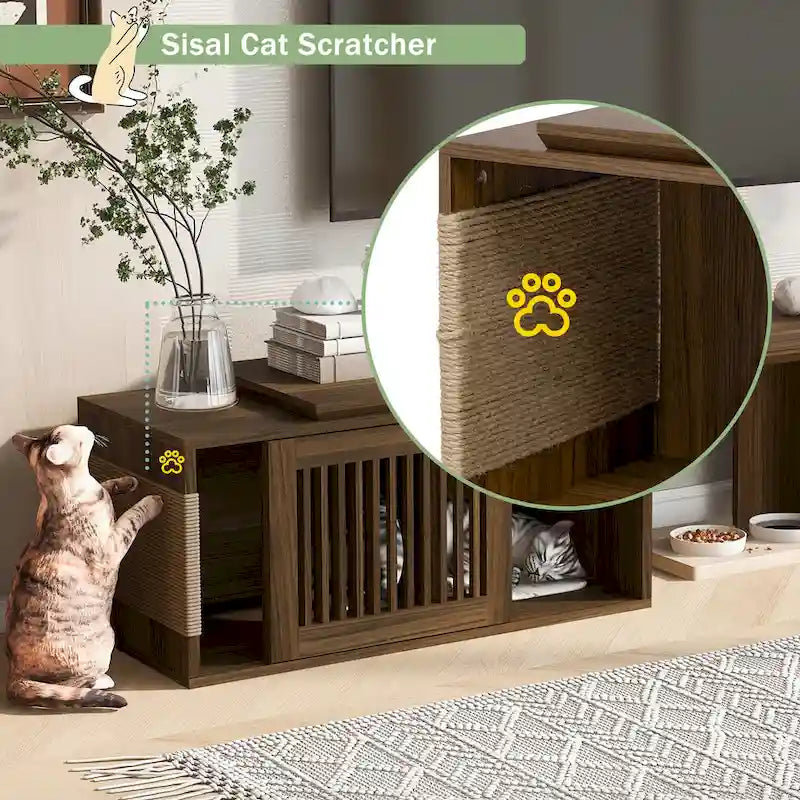 Meuble TV extensible, Convient aux téléviseurs jusqu'à 85 pouces, Porte à persiennes coulissante, Coussin pour chat et griffoir en sisal, MDF, Armoires de rangement avec étagères, Marron, Utilisation par 1 personne