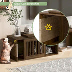 Meuble TV extensible, Convient aux téléviseurs jusqu'à 85 pouces, Porte à persiennes coulissante, Coussin pour chat et griffoir en sisal, MDF, Armoires de rangement avec étagères, Marron, Utilisation par 1 personne