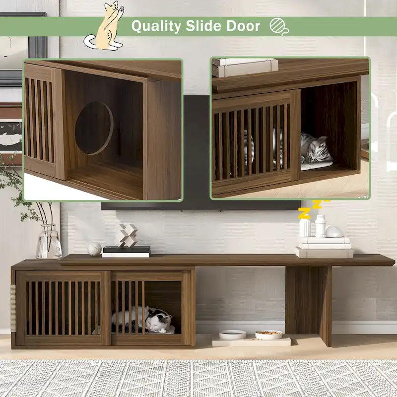 Meuble TV extensible, Convient aux téléviseurs jusqu'à 85 pouces, Porte à persiennes coulissante, Coussin pour chat et griffoir en sisal, MDF, Armoires de rangement avec étagères, Marron, Utilisation par 1 personne