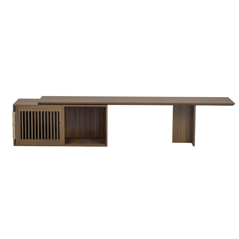 Meuble TV extensible, Convient aux téléviseurs jusqu'à 85 pouces, Porte à persiennes coulissante, Coussin pour chat et griffoir en sisal, MDF, Armoires de rangement avec étagères, Marron, Utilisation par 1 personne