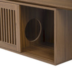 Meuble TV extensible, Convient aux téléviseurs jusqu'à 85 pouces, Porte à persiennes coulissante, Coussin pour chat et griffoir en sisal, MDF, Armoires de rangement avec étagères, Marron, Utilisation par 1 personne