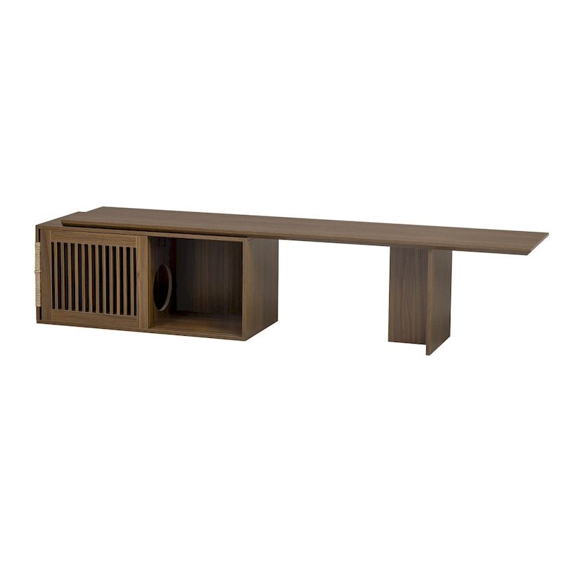Meuble TV extensible, Convient aux téléviseurs jusqu'à 85 pouces, Porte à persiennes coulissante, Coussin pour chat et griffoir en sisal, MDF, Armoires de rangement avec étagères, Marron, Utilisation par 1 personne