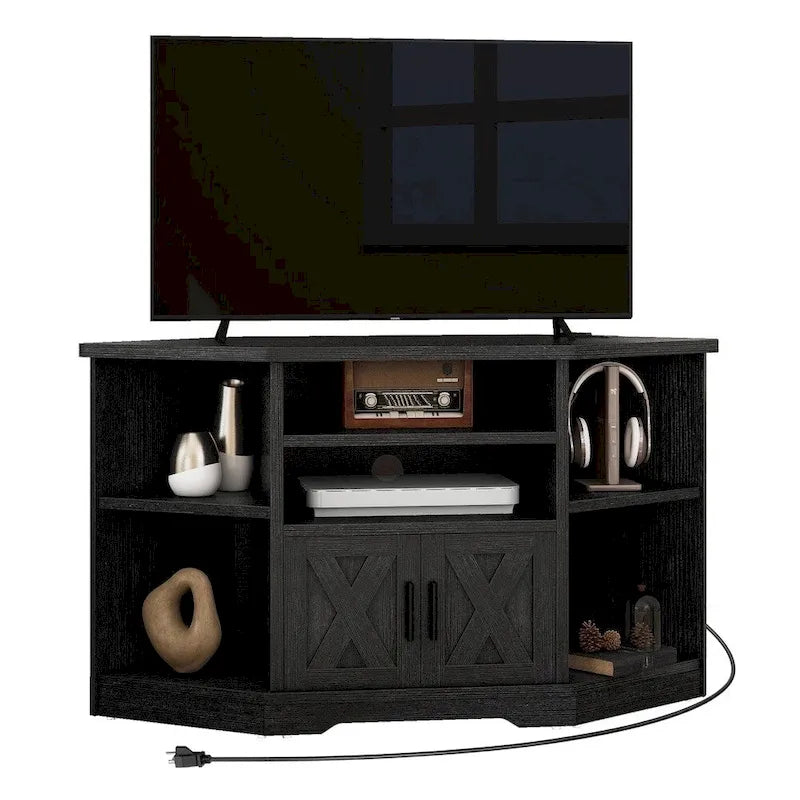 Meuble TV d'angle, style ferme, prise de courant et ports USB, meuble avec portes de grange, noir, 119 cm, usage par 1 personne