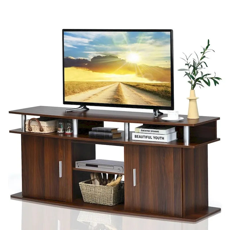 Meuble TV de 63 pouces, 2 placards, étagères ouvertes, convient aux téléviseurs jusqu'à 70 pouces, étagère centrale amovible pour foyer électrique, bois composite et aluminium, noyer, utilisation par 1 personne