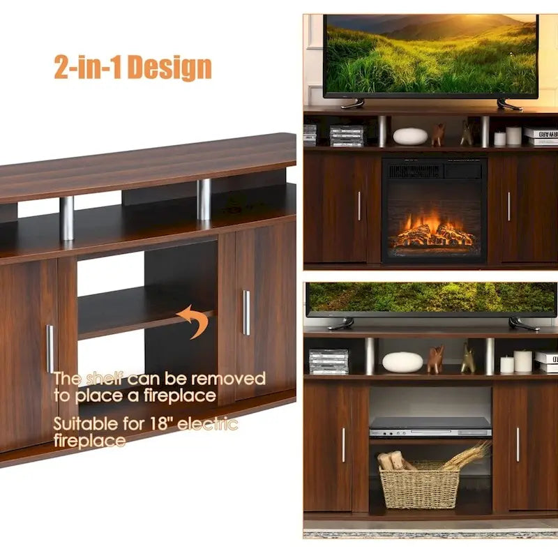 Meuble TV de 63 pouces, 2 placards, étagères ouvertes, convient aux téléviseurs jusqu'à 70 pouces, étagère centrale amovible pour foyer électrique, bois composite et aluminium, noyer, utilisation par 1 personne