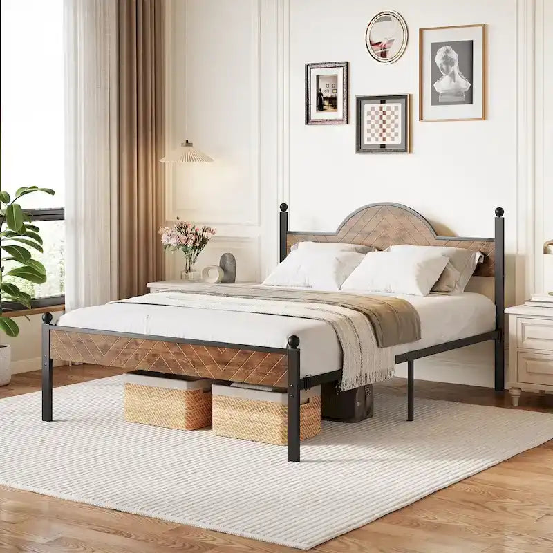 Lit Queen Size, Style Industriel, Tête et Pied de Lit en Bois, Tête de Lit Réglable en Hauteur, Lattes Métalliques, Marron Rustique, Utilisation par 2 Personnes