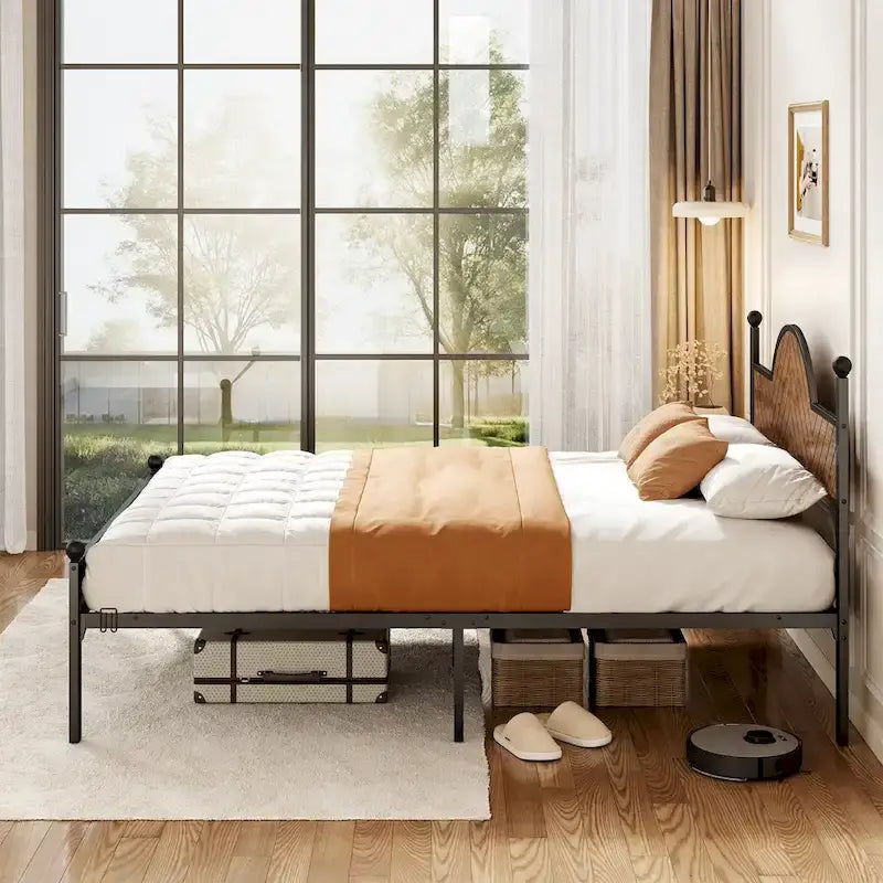 Lit Queen Size, Style Industriel, Tête et Pied de Lit en Bois, Tête de Lit Réglable en Hauteur, Lattes Métalliques, Marron Rustique, Utilisation par 2 Personnes
