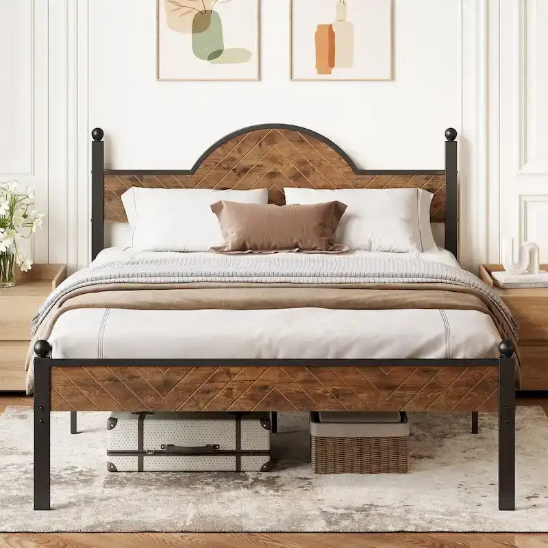Lit Queen Size, Style Industriel, Tête et Pied de Lit en Bois, Tête de Lit Réglable en Hauteur, Lattes Métalliques, Marron Rustique, Utilisation par 2 Personnes