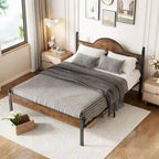Lit Queen Size, Style Industriel, Tête et Pied de Lit en Bois, Tête de Lit Réglable en Hauteur, Lattes Métalliques, Marron Rustique, Utilisation par 2 Personnes