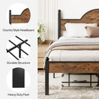 Lit Queen Size, Style Industriel, Tête et Pied de Lit en Bois, Tête de Lit Réglable en Hauteur, Lattes Métalliques, Marron Rustique, Utilisation par 2 Personnes