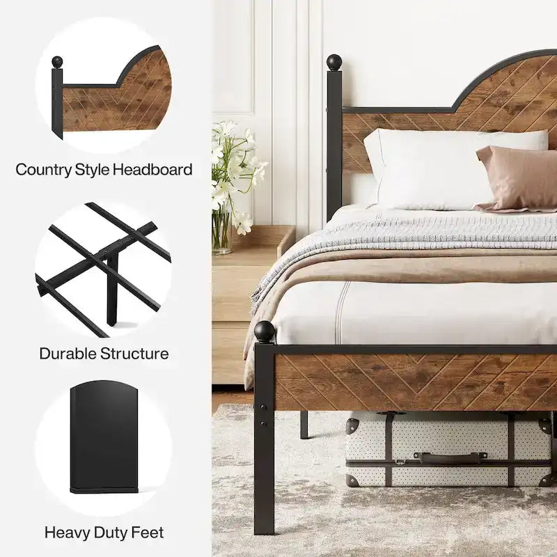 Lit Queen Size, Style Industriel, Tête et Pied de Lit en Bois, Tête de Lit Réglable en Hauteur, Lattes Métalliques, Marron Rustique, Utilisation par 2 Personnes