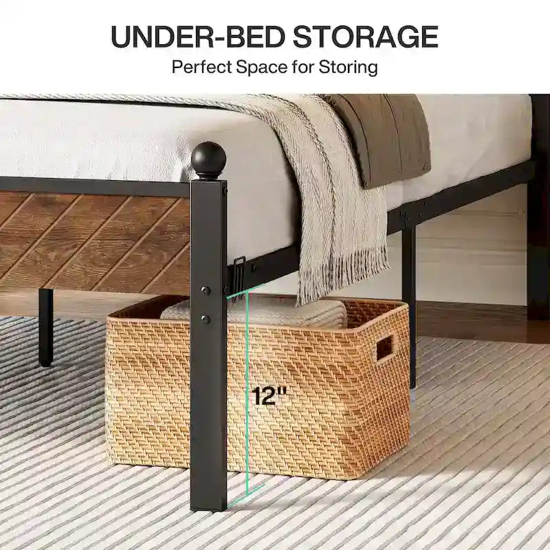 Lit Queen Size, Style Industriel, Tête et Pied de Lit en Bois, Tête de Lit Réglable en Hauteur, Lattes Métalliques, Marron Rustique, Utilisation par 2 Personnes