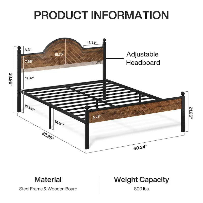Lit Queen Size, Style Industriel, Tête et Pied de Lit en Bois, Tête de Lit Réglable en Hauteur, Lattes Métalliques, Marron Rustique, Utilisation par 2 Personnes
