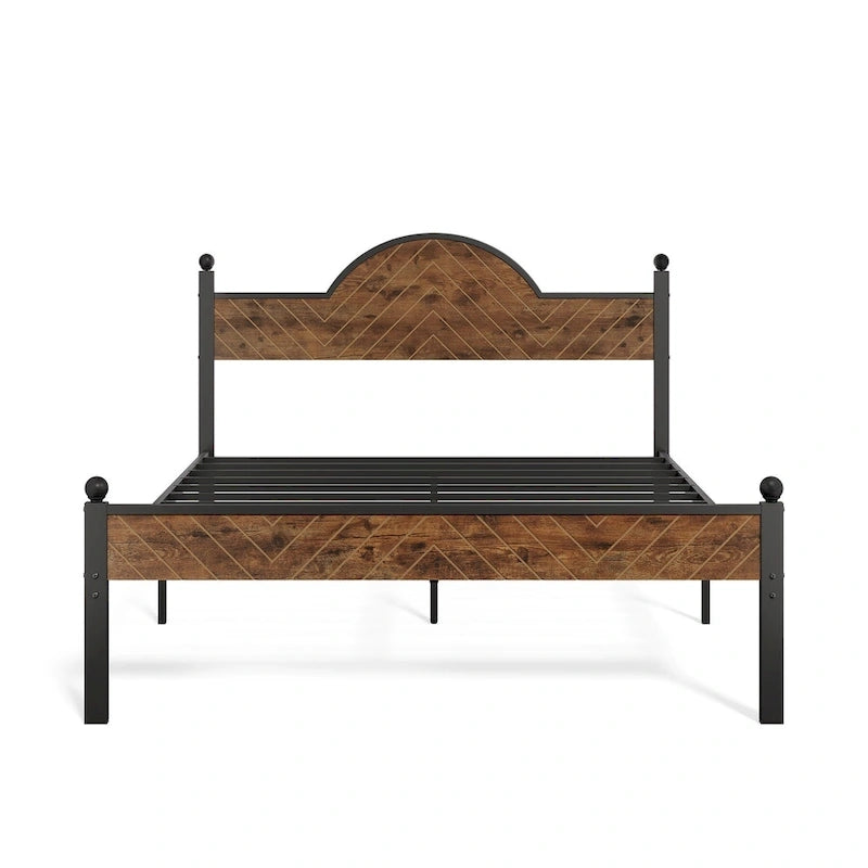 Lit Queen Size, Style Industriel, Tête et Pied de Lit en Bois, Tête de Lit Réglable en Hauteur, Lattes Métalliques, Marron Rustique, Utilisation par 2 Personnes