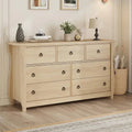 Commode à 7 tiroirs, pieds incurvés, accents en rotin, MDF, blanc, utilisation par 1 personne