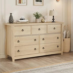 Commode à 7 tiroirs, pieds incurvés, accents en rotin, MDF, blanc, utilisation par 1 personne