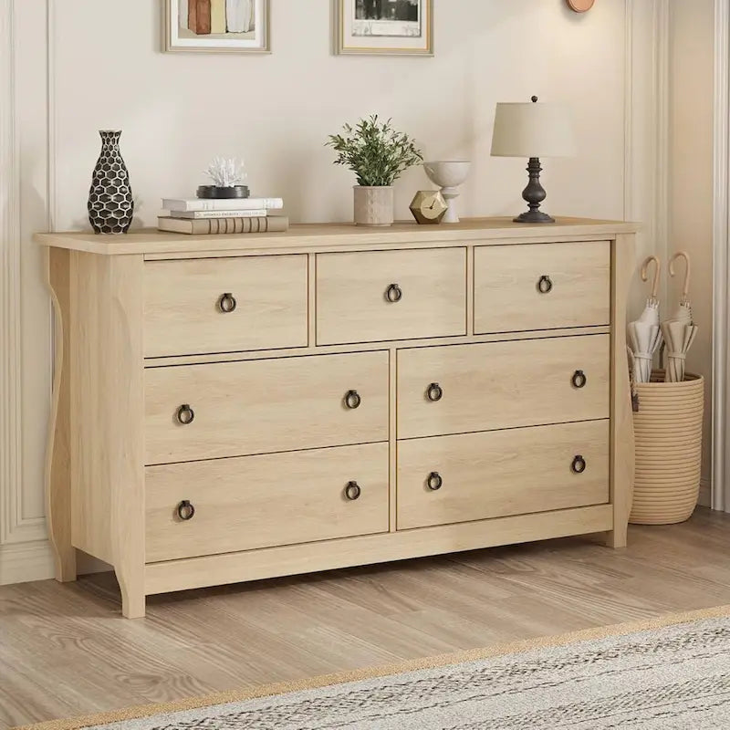 Commode à 7 tiroirs, pieds incurvés, accents en rotin, MDF, blanc, utilisation par 1 personne