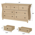 Commode à 7 tiroirs, pieds incurvés, accents en rotin, MDF, blanc, utilisation par 1 personne