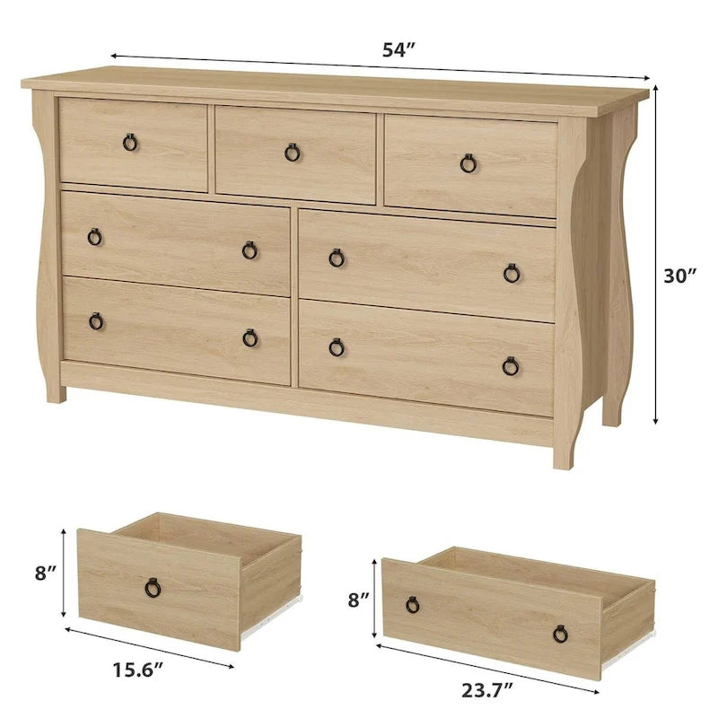 Commode à 7 tiroirs, pieds incurvés, accents en rotin, MDF, blanc, utilisation par 1 personne